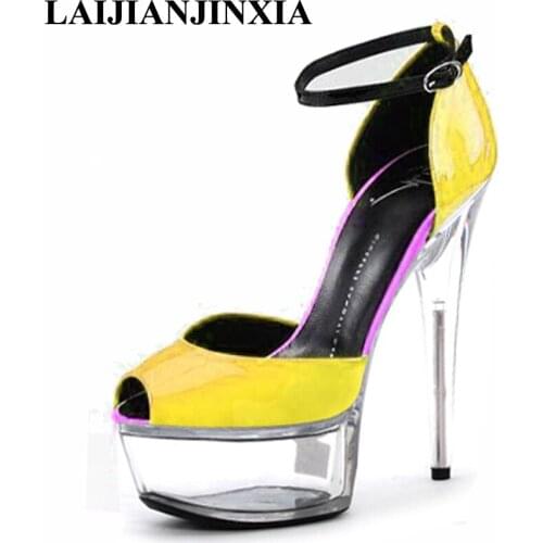 LAIJIANJINXIA 2018 Women Sexy PU Leather Platform Sandals Dancing Shoes 15cm High Heels Shoes Wedding Party Pole Dance Shoes