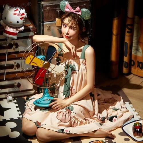 Summer new nightdress womens cotton sleeveless thin one-piece mid long dress students cartoon lovely womens homewear