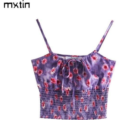 MXTIN 2021 Women Summer Fashion Floral Print Bow Tie Cropped Tank Tops Vintage Thin Straps Waist Elasticity Female Chic Tops