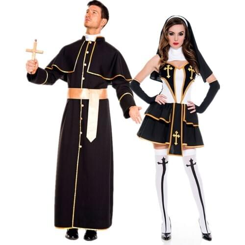 Couples Middle Ages Priest Nun Costume Carnival Halloween Church Religious Convent Cosplay Fancy Party Dress