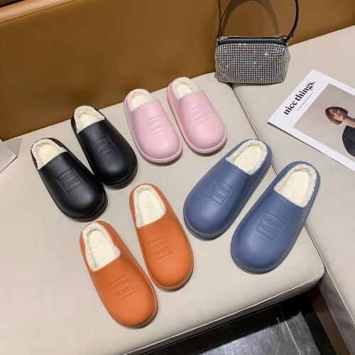 New Waterproof Leather Cotton Slippers Female Couple Warm Indoor Slippers Home Household Warm Comfortable Slippers Women