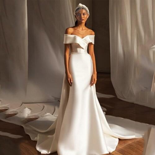 Charming Boat Neck Mermaid Wedding Dresse Off the Should Satin Bow Detachable Train Bridal Gowns 2021 Vestidos De Noivas