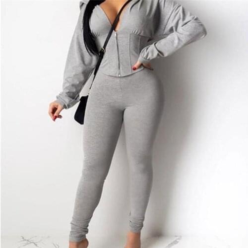 Autumn Women Solid Color Sports Suit Long Sleeves Hooded Top Long Pants Set Tight V-Neck Zipper Hooded Set