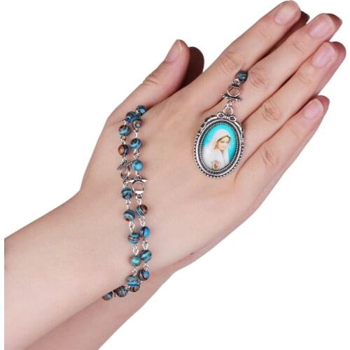 Natural Stone Rosary Bead Necklace Our Lady of Sorrows Heart Virgin Mary Pendant Necklace Religious Catholic Prayer Jewelry Gift