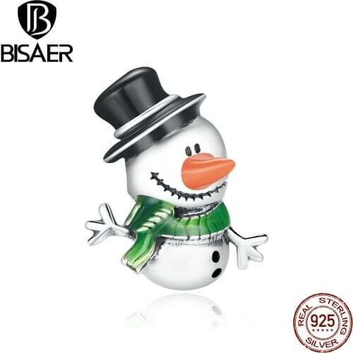 BISAER Little Snowman Beads 925 Sterling Silver Christmas Happy Charm Zircon Pendant Fit Bracelet Necklace Jewelry ECC1665