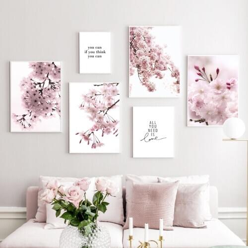 Cherry Blossoms Pink Flower Quotes Nordic Posters And Prints Wall Art Canvas Painting Wall Pictures For Living Room Home Decor