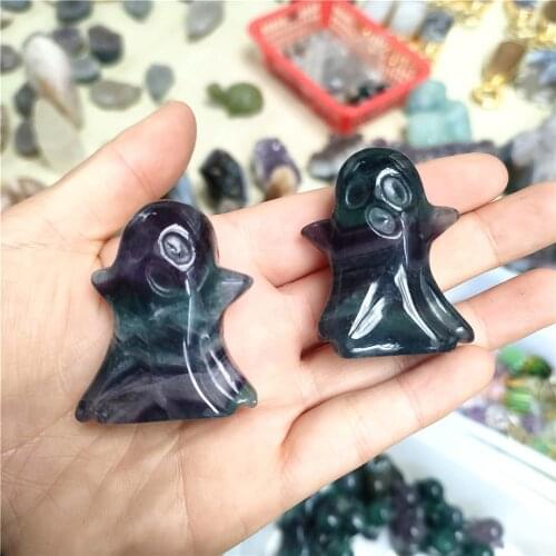 Natural Crystal Fluorite Howlite Carved Ghost Figurine Halloween Decor Aesthetic Feng Shui Healing Crystal Witch Reiki Gift