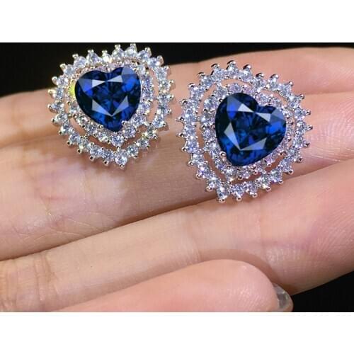Boho Crystal Love Heart Stud Earrings For Women Royal Blue Stone White Gold Wedding Ear Studs Zircon Valentine Day Jewelry