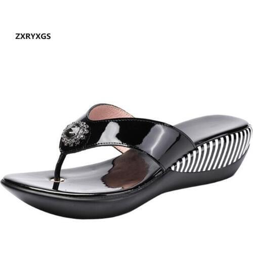 Promotion 2020 New Summer Flip Flops Crystal Genuine Leather Slippers Fashion Women Sandals Soft Comfortable Sandals Tide Shoes