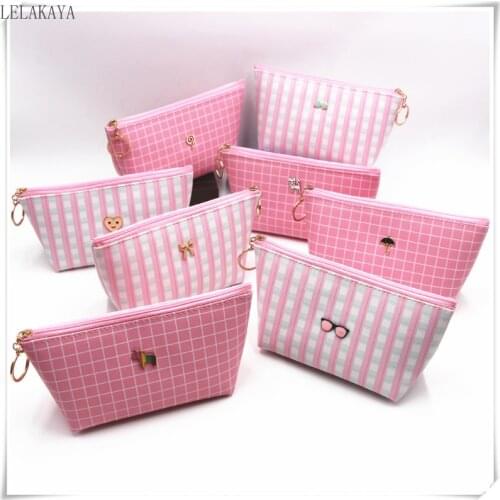 Cute Pink Lattice Cosmetic Bags Women Key Card Earphone Zipper Storage Bag Cartoon Travel Waterproof Makeup Pouch Toiletry Bags