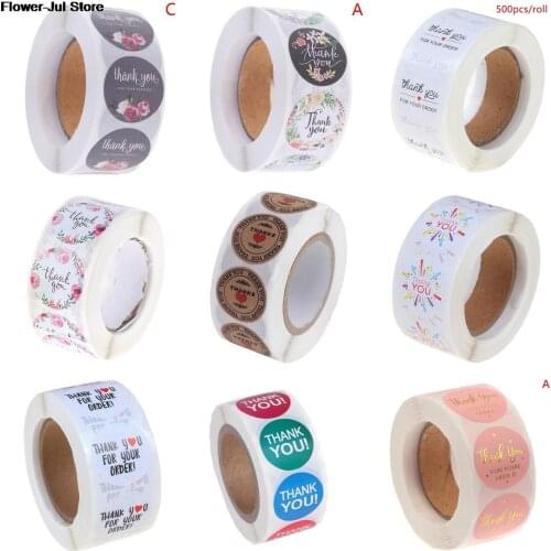 Stationery Sticker 500Pcs/roll Flowers Heart THANK YOU Adhesive Stickers Scrapbooking Cake Biscuit Baking Sealing Labels Gift