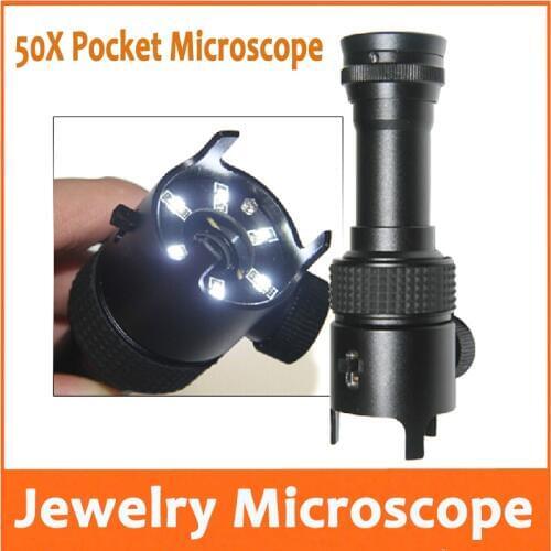 50X LED Illuminated Emerald Jade Identification Magnifier Pocket Microscope Loupe with Lamps Measuring Scale Graticule 0.05mm