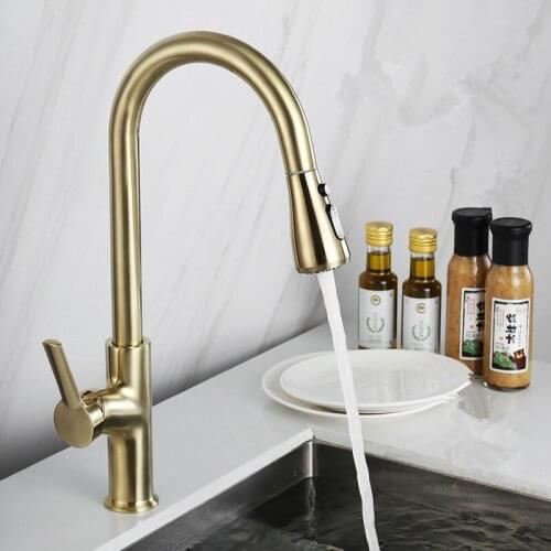 Pull Out Kitchen Faucet Kitchen Sink Faucets Brass Kitchen Mixer Tap Hot & Cold Rotating Brushed Gold Water Crane Tap