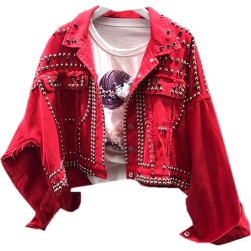 2021Spring Autumn Womens Harajuku Red Denim Jacket Hand Beaded Rivet Short Black Students Basic Jeans Coats