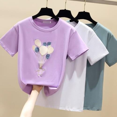 Gkfnmt Short Sleeve Cotton Girl Tee shirt Femme Korean Summer T shirt Women Tops Applique White Tshirt Women Clothes Purple Blue