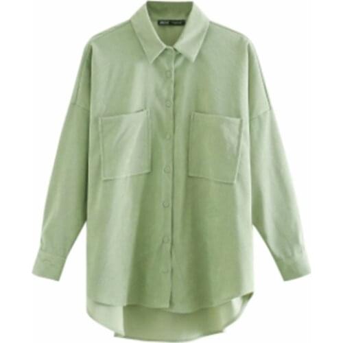 2021 Women New corduroy cotton fabric loose shirt lapel long sleeve double pocket all-match cardigan solid color blouser jacket