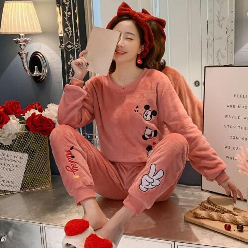 Disney Cute Mickey Pjs Women Pajamas Suits Winter Home Clothes Velvet Coral Pyjamas Plus Size Warm Flannel Pijama Mujer Set