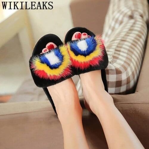 Mink fur slippers women fashion new women spring plush slippers home shoes women fluffy slides flat slippers flats shoes women