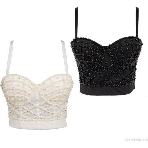 Women Sexy Spaghetti Strap Bustier Bra Imitation Pearl Beaded Push Up Camisole Vest Club Party V-Neck Corset Jy16 21 Dropship