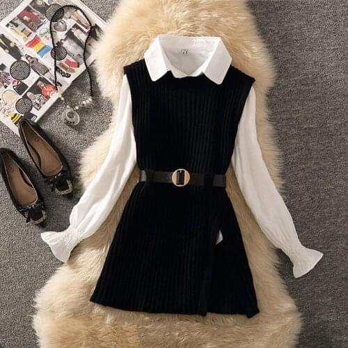 Women 2021 Spring Fashion Two-piece Sets Female New Solid Color Loose Blouses Ladies O-neck Knitted Pullover Vest Suits Q251