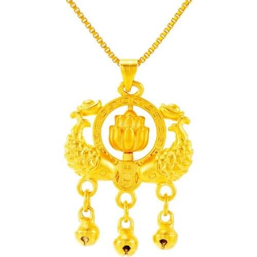 Fish Lotus Pendant Necklace 24K Gold Necklaces for Women Flower Lock Tassel Birthday Anniversary Wedding Necklace Jewelry Gift