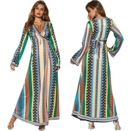 Womens Spring Bohemian Long Dress Long Sleeve Vintage Ethnic Maxi Dress Runway Dress Floral Printing Irregular Retro Dress