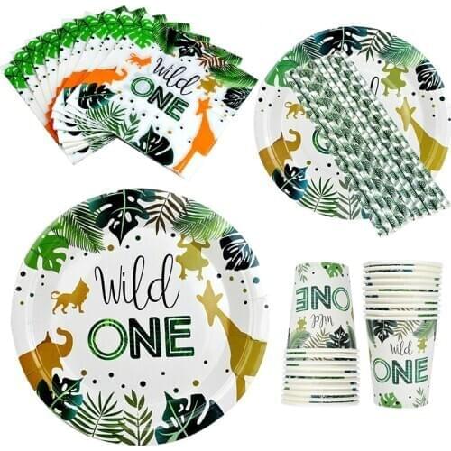 50Pcs/set Wild One Jungle Theme Birthday Party Supplies Disposable Tableware Set Paper Cups Plates Napkins Drinking Straws