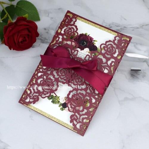50pc Marsala Burgundy Laser Cut Quinceanera Invites Gold Glitter Bottom Wedding Invitations with Burgundy Ribbon and Envelope