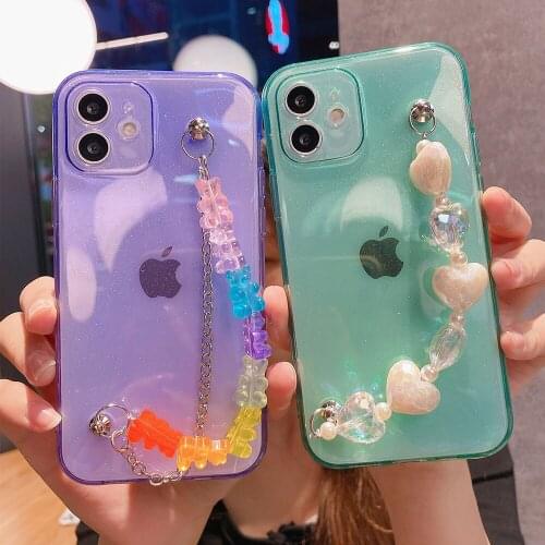 For iPhone 12 Pro Max Cases 3D Bear Love Heart Chain Phone Case For iPhone 11 Pro Max XR XS Max 7 8 Plus X Wrist Band Soft Cover