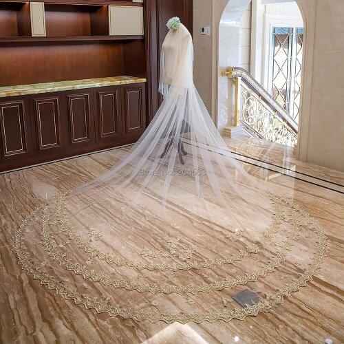 Two-Layer Wedding Veil with Gold Wave Appliques Unique Long Bridal Veils with Comb