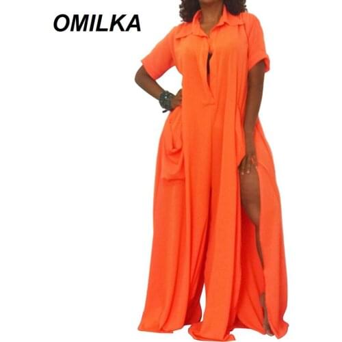 OMILKA Wide Leg Rompers and Jumpsuits 2019 Autumn Women Short Sleeve Deep V Neck Casual Loose Side Split Pocket Full Overalls