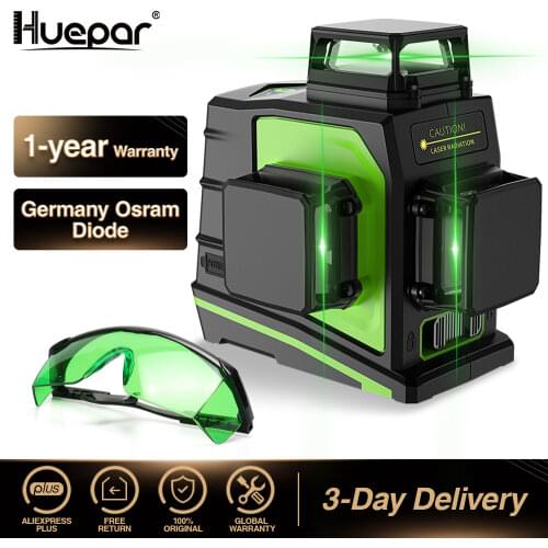 Huepar 12 Lines 3D Cross Green Beam Line Laser Level Self-Leveling 360 Degree Vertical & Horizontal USB Charging with Glasses