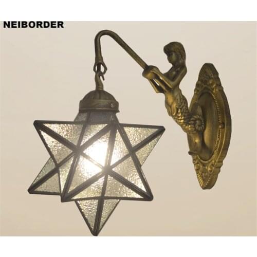 Tiffany Fashion Mermaid Stars Wall Light Bedroom Bedside Wall Lamp Mediterranean Stained Glass Mirror Front Lamp Sconce Fixtures
