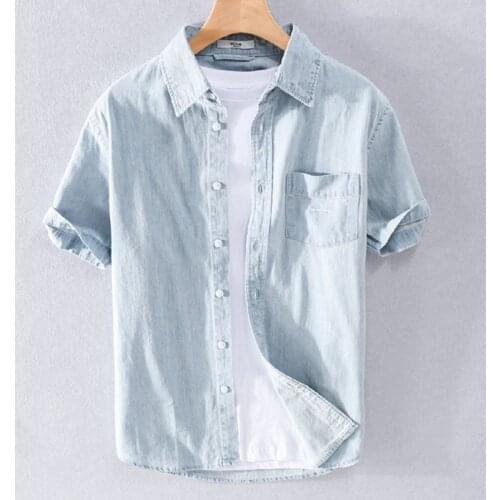 Classic Style Mens 100% Cotton Short-sleeved Denim Shirt Fashion Trend Loose Casual Square Collar Shirt Male Brand Denim Top