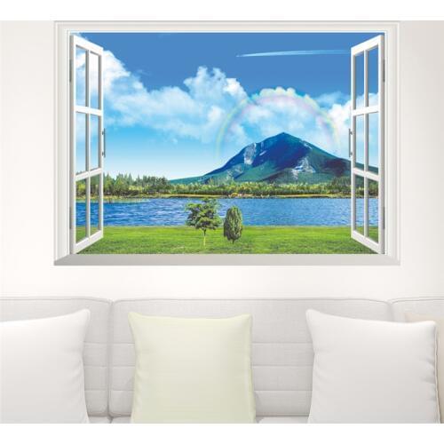 Natural Mountain Lake Rainbow Tree Scenery Wall Sticker Living Room Bedroom Sofa home Decor 3D Window Wall Decals Mural