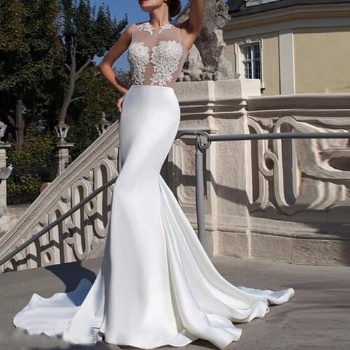 Charming White Satin Mermaid Wedding Dresses Lace Appliques Robe De Marriage Bride Womne Formal Bridal Gowns Custom Made Dress