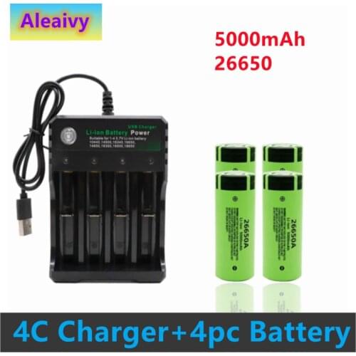 Original high quality 26650 battery 5000mAh 3.7V 50A lithium ion rechargeable battery for 26650A LED flashlight + 18650 charger