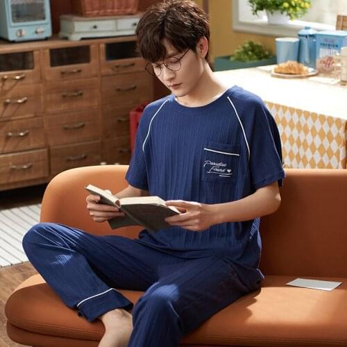 Mens Pajamas Set Spring Summer Leisure Elastic Waist Men Sleepwear Cotton Mens Short Sleeve Nightwear Top Long Pant Home Cloth