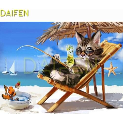 Full Round Diamond painting Cross stitch Cat fish beach Full Square Diamond mosaic Cat fish beach glasses DIY Diamond embroidery