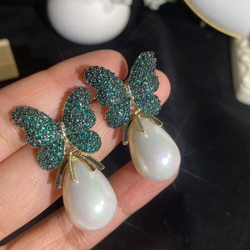 Luxury Water Droplets Pearl Style Drop Earrings 3A Green Purple Red Cubic Zirconia Butterfly Sterling Silver Earrings For Women