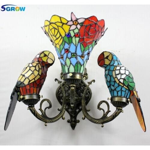 SGROW Hand-made Glass Lampshade Parrot Lights for Bedroom Living Room Aisle Corridor Tiffany Wall Lamp Indoor Lighting Fixtures