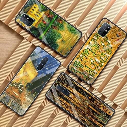 Glass Case For Oneplus 9R 9 8 7T 7 Pro 8T 8 Nord Z Capa Bumper Fundas Black Frame Tempered Caso Van Gogh Starry Night Klimt Kiss