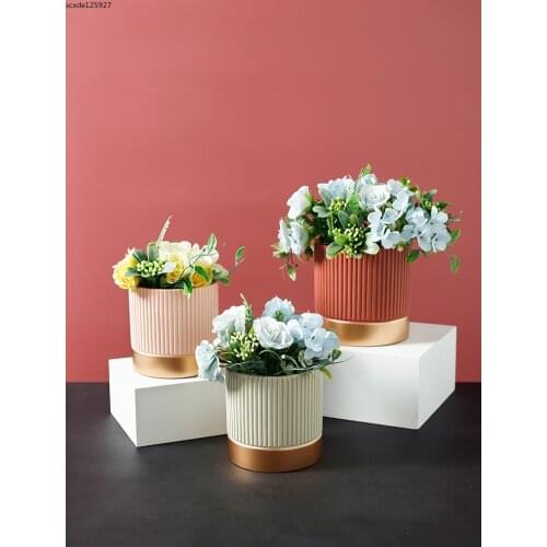 Creative Ceramic Striped Vase Desktop Tracing Gold Flower Pot Green Plant Potted Dried Flower Deco Flower Arrangement Home Decor