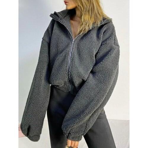 TVVOVVIN Winter Faux Lamb Wool Loose Removable Hooded Tops Korean Long Sleeve Casual Short Women Zipper Sweatshirt EVRT