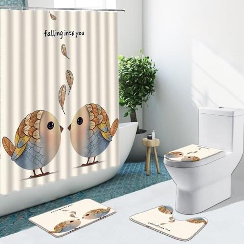 Cartoon Animal Bird Feather Shower Curtain Flower Green Plant Non-Slip Rugs Bath Mat Toilet Lid Cover Bathroom Home Decor Set