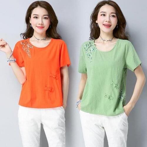 Summer 2018 New Women Green Blue Printed Floral Short Sleeve Linen T Shirt , Orange Tshirt For Woman , Female Xxl Tee Shirts