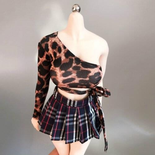 Female 1/6 Sexy Tight-fitting Leopard Shirt Pleated Dress Skirt Socks Clothing Set for 12'' Large Bust Girl Action Figure Body