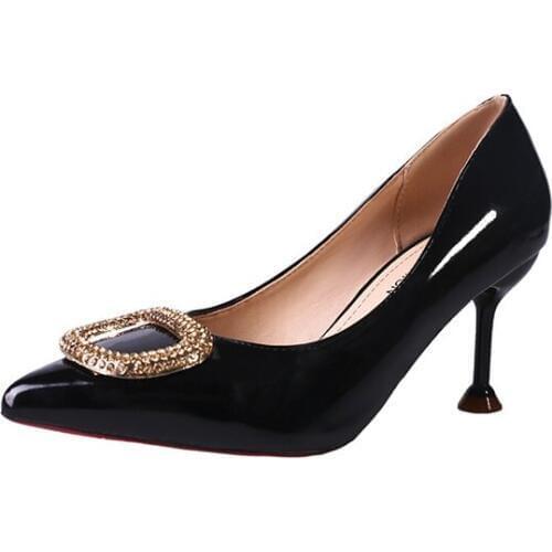 Womens Shoes 2019 Spring New Rhinestone Buckle Pointed Shallow Mouth Patent Leather Stiletto High Heels Cat Shoes