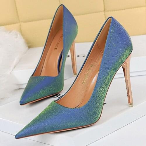 2021 Big size Women 8.5cm High Heels Blue Pumps Satin Silk Stiletto Escarpins Lady Fashion Wedding Bridal Stripper Luxury Shoes