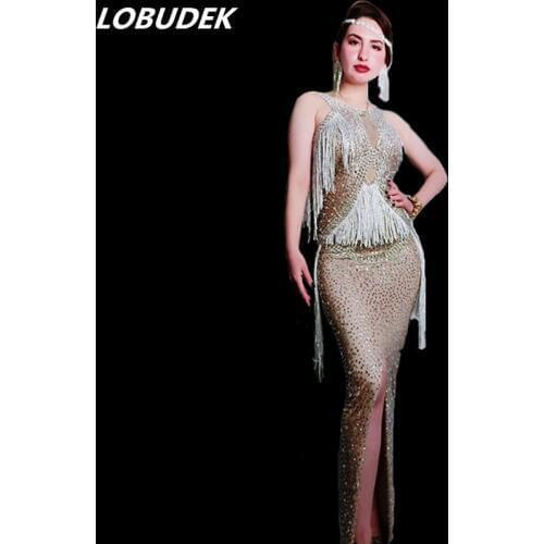 Full Rhinestones Fringes Split Dress Sleeveless Crystals Stones Long Dress Women Prom Birthday Evening Performance Sexy Dresses